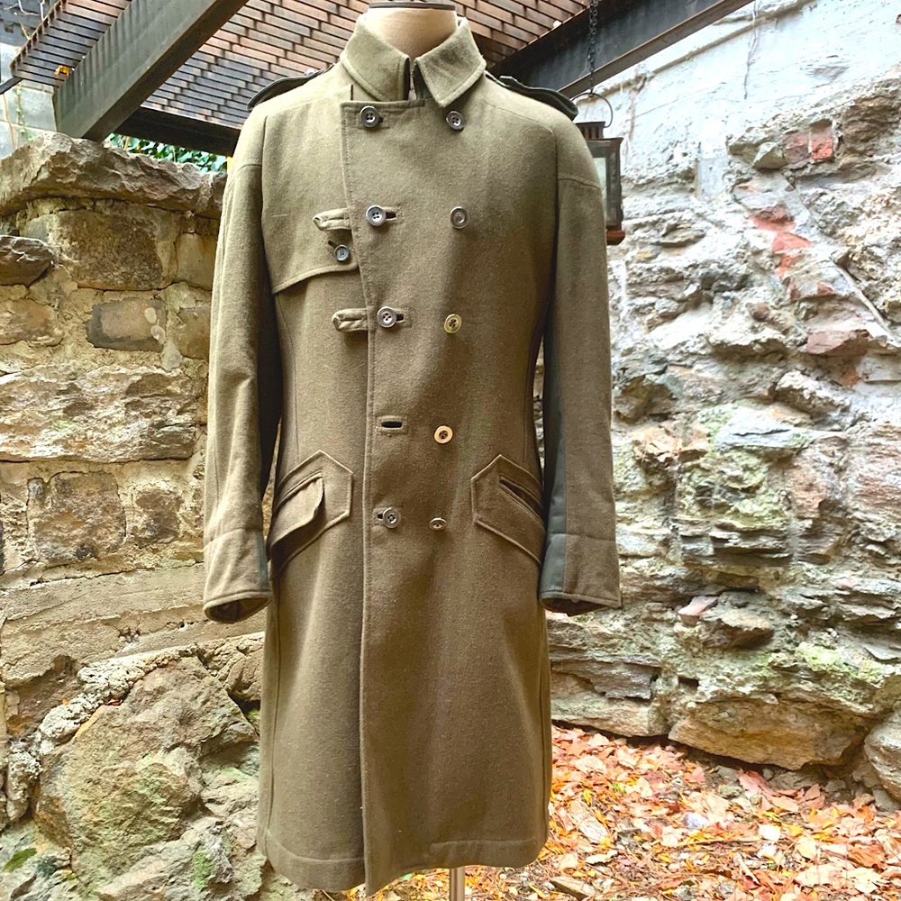 MOSCHINO JEANS Size L Olive Wool Double Breasted Epaulette Coat